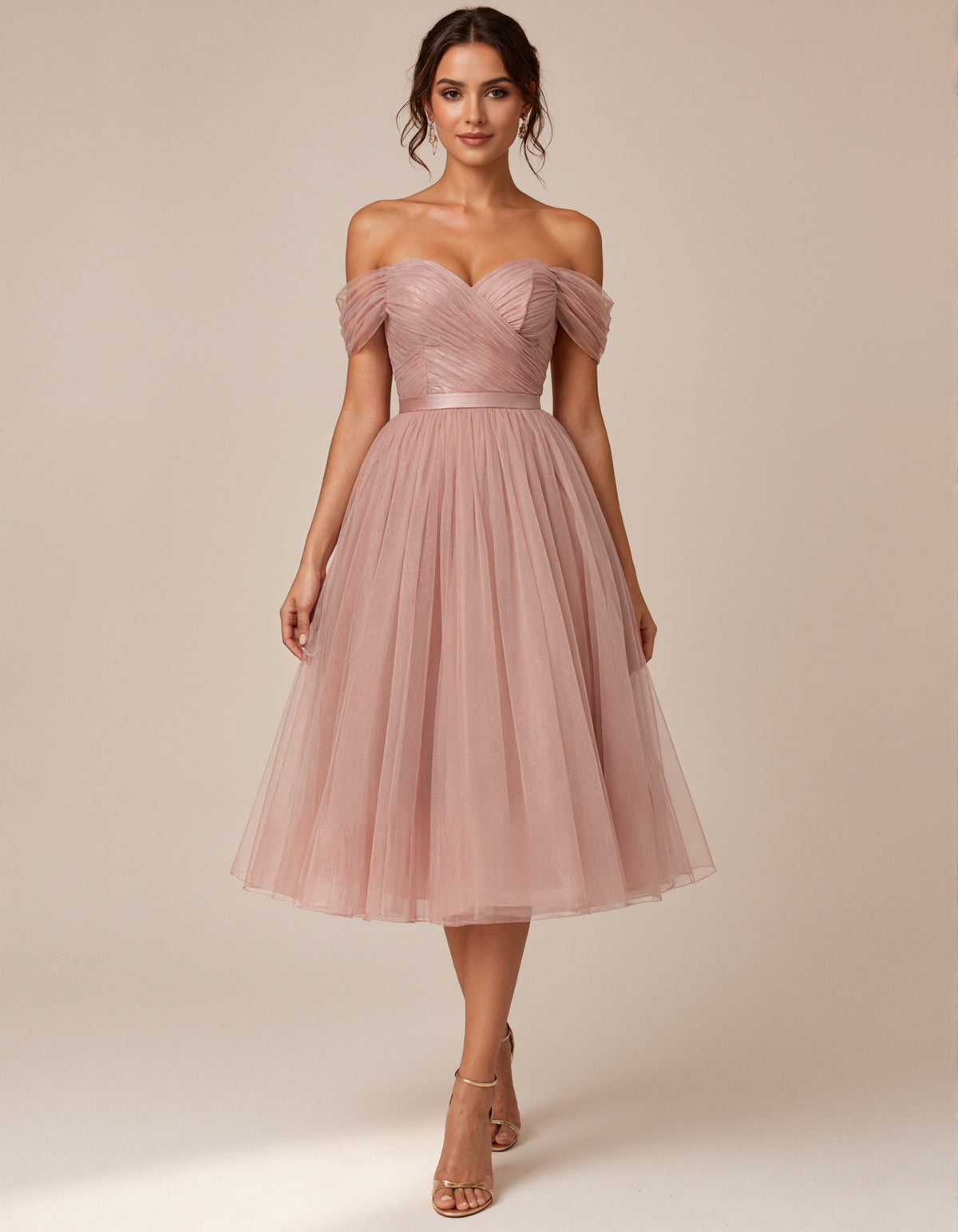 Pink Tulle Off Shoulder Midi Dress