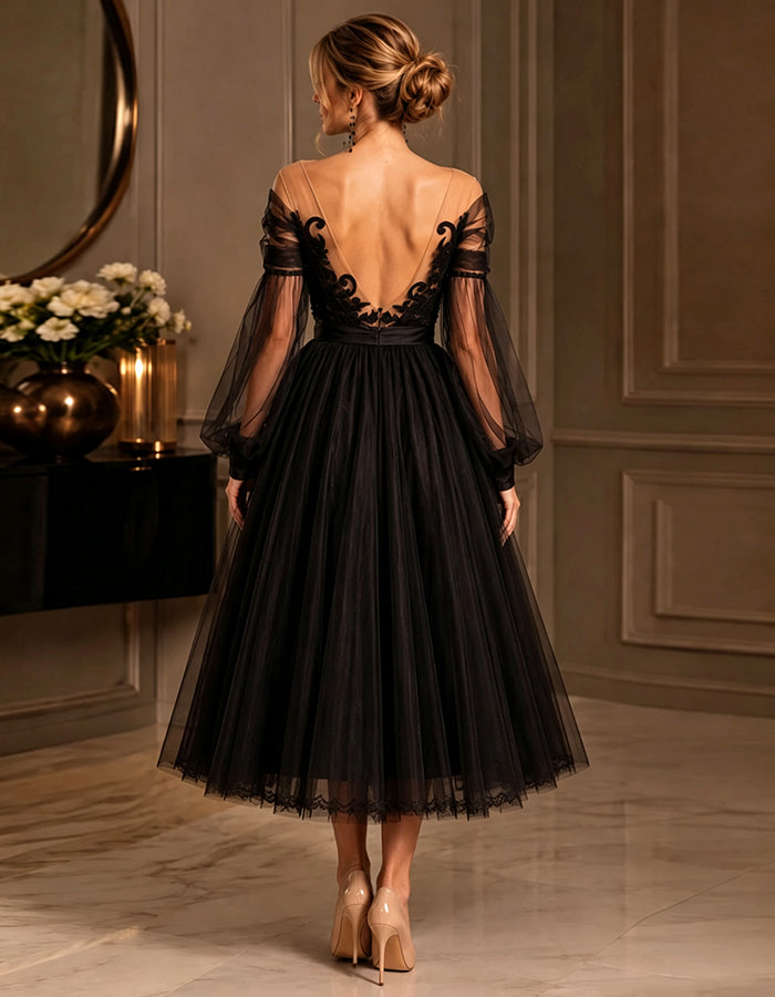 Black Multi Layered Lightweight Tulle Off Shoulder Design Midi Dress