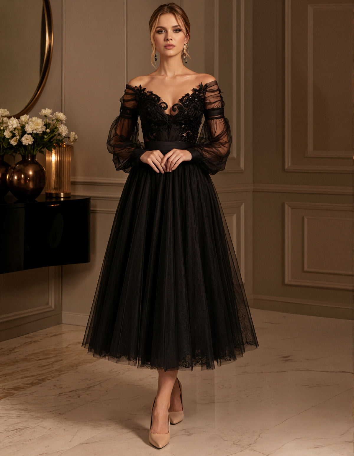 Black Multi Layered Lightweight Tulle Off Shoulder Design Midi Dress