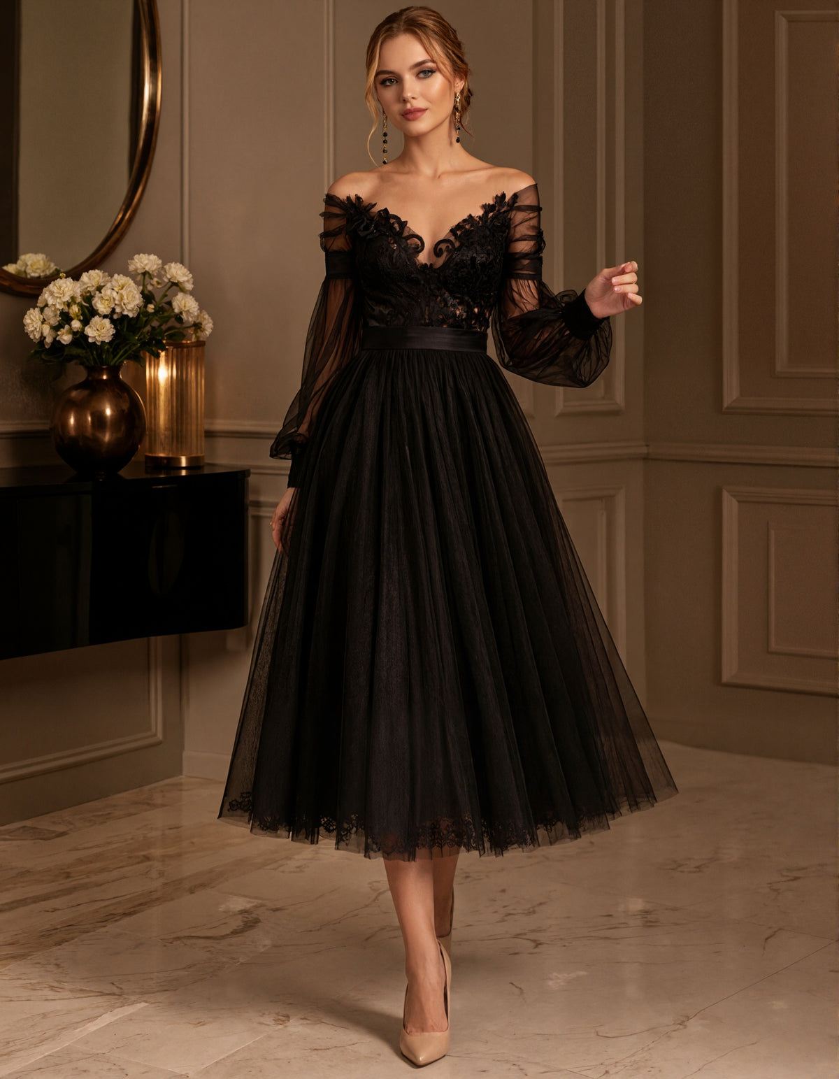 Black Multi Layered Lightweight Tulle Off Shoulder Design Midi Dress