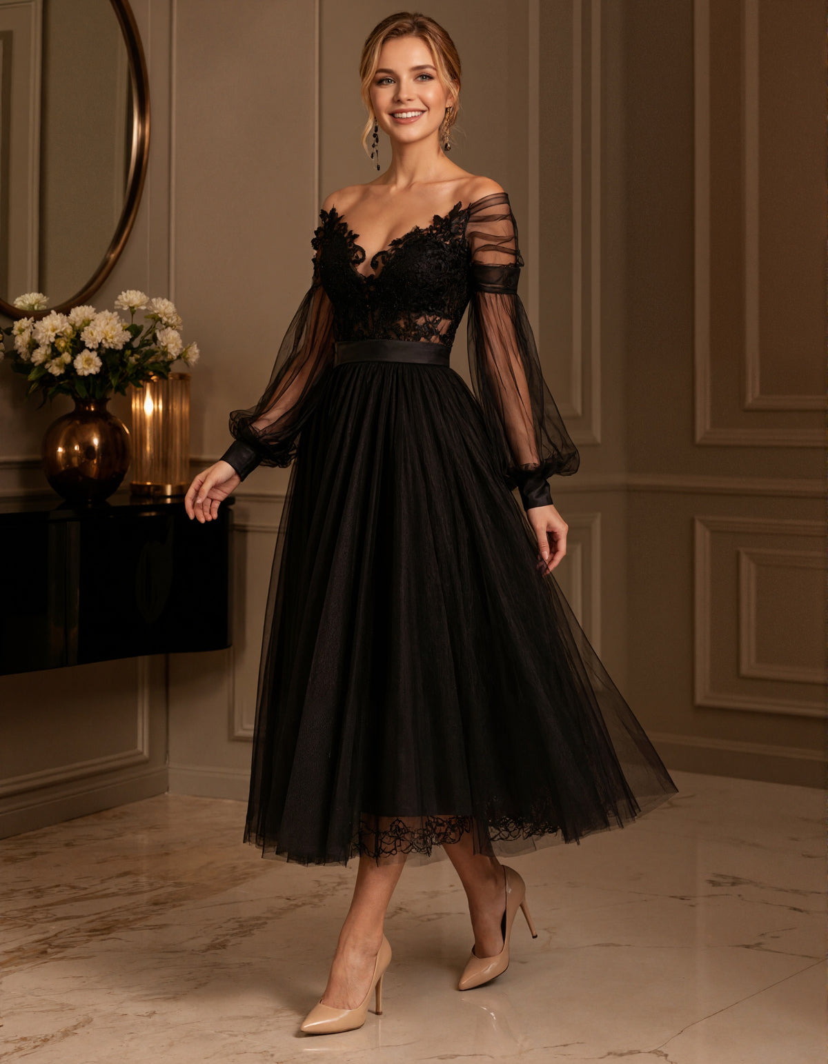 Black Multi Layered Lightweight Tulle Off Shoulder Design Midi Dress