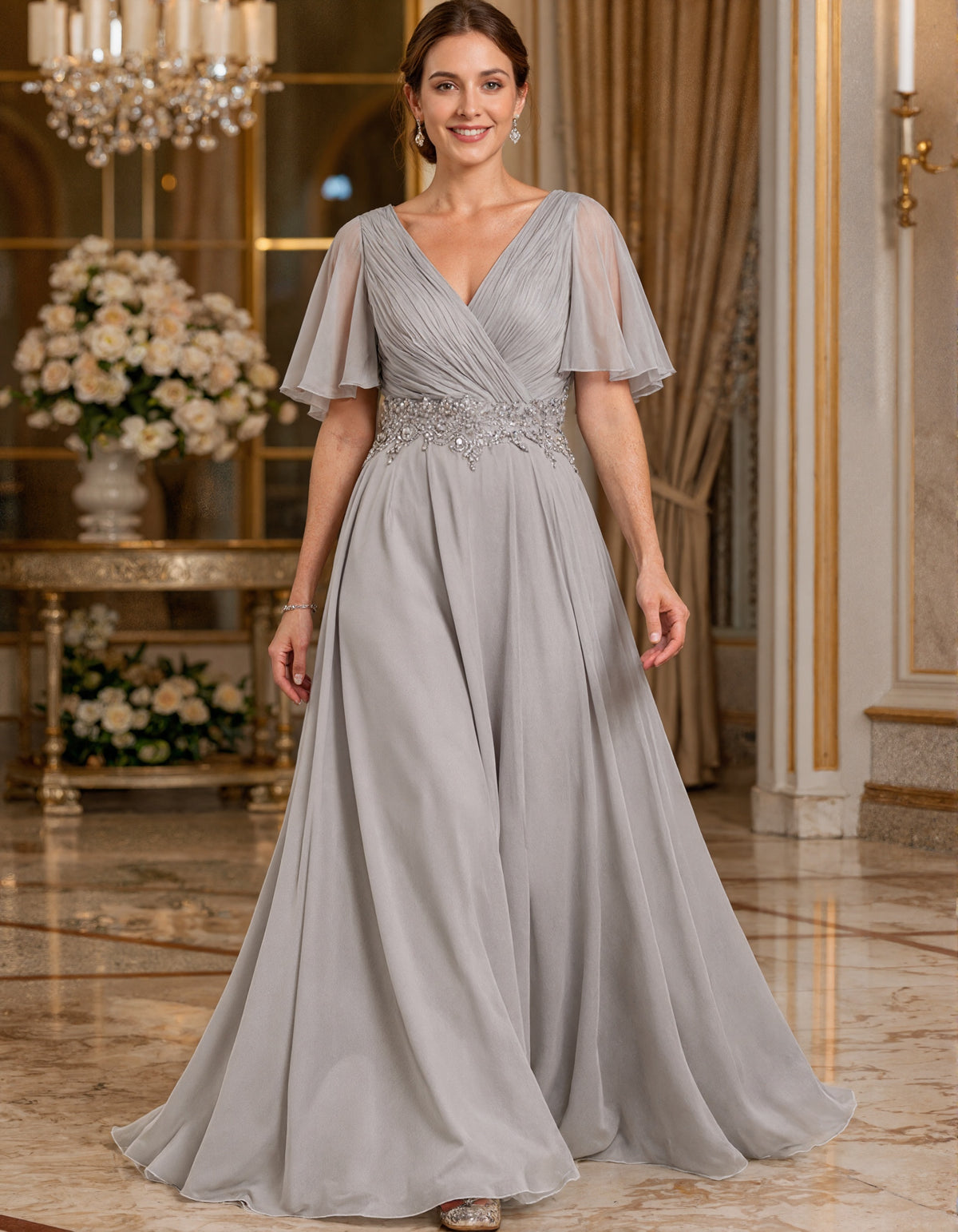 Grey Chiffon V-Neck Cross Pleated Ruffle Short Sleeve Maxi Dress