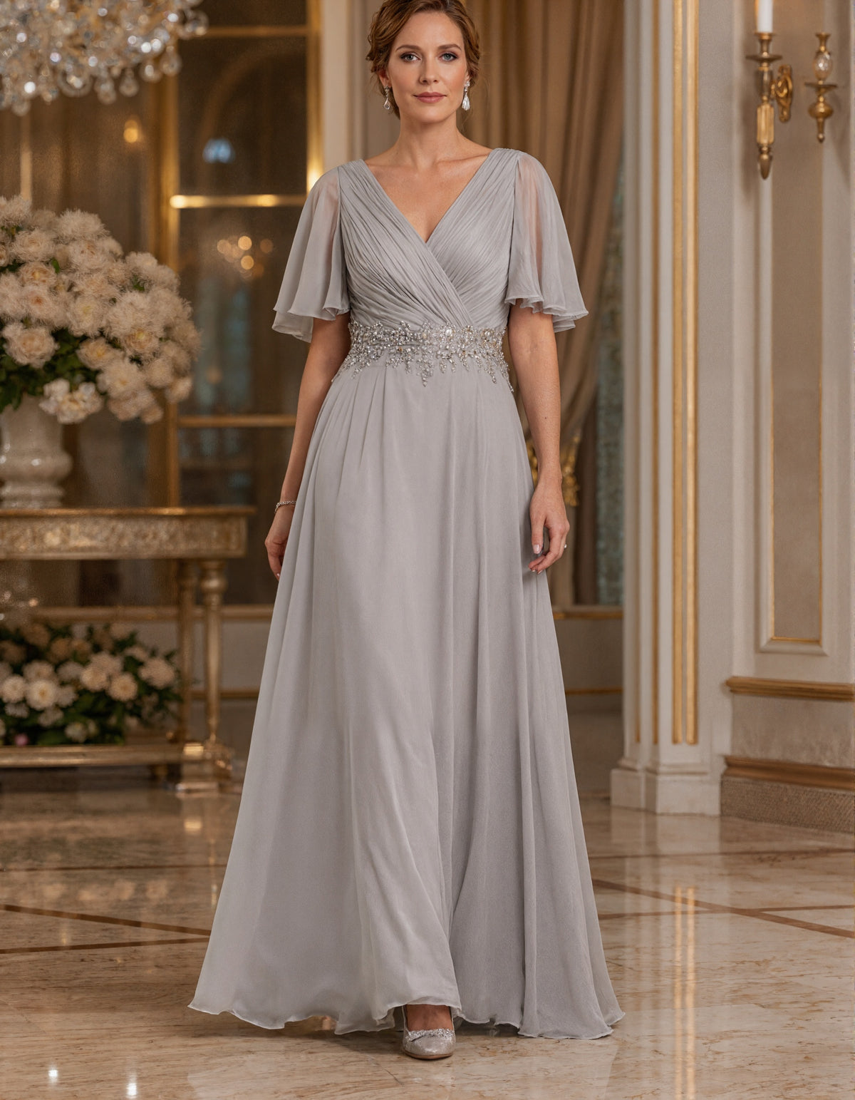 Grey Chiffon V-Neck Cross Pleated Ruffle Short Sleeve Maxi Dress