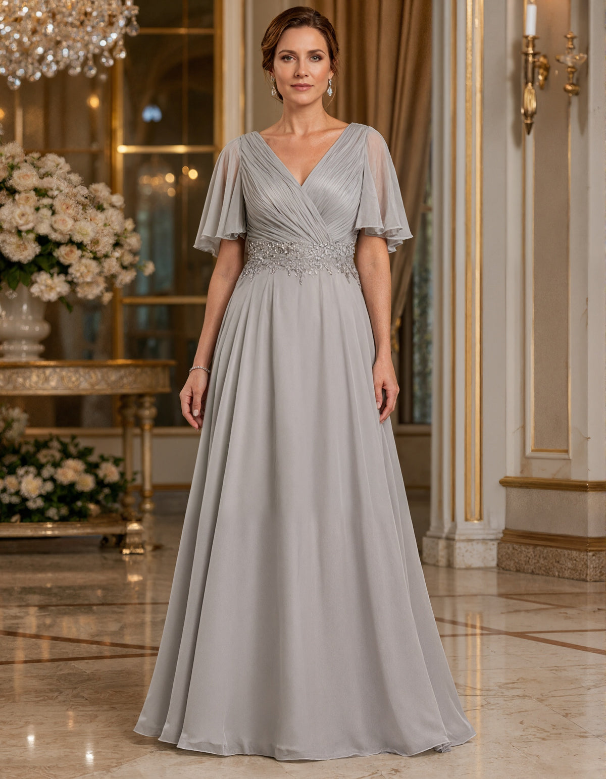 Grey Chiffon V-Neck Cross Pleated Ruffle Short Sleeve Maxi Dress