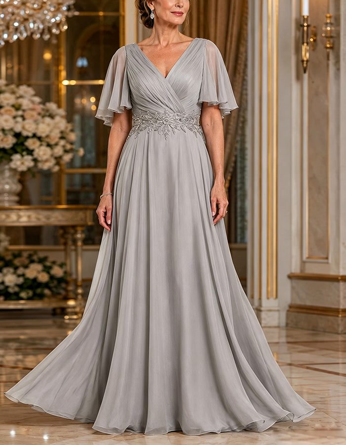 Grey Chiffon V-Neck Cross Pleated Ruffle Short Sleeve Maxi Dress