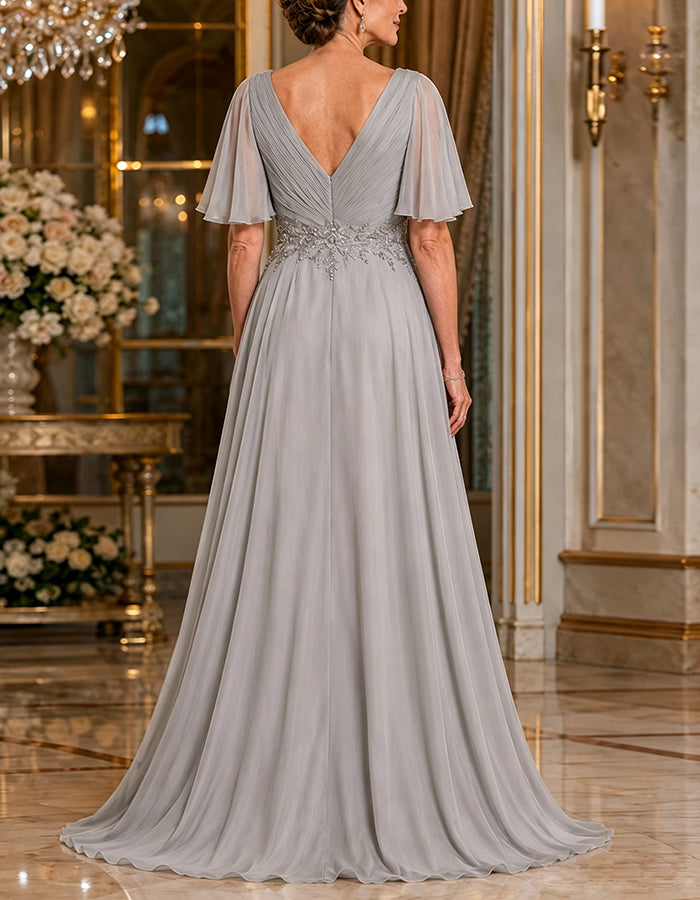 Grey Chiffon V-Neck Cross Pleated Ruffle Short Sleeve Maxi Dress