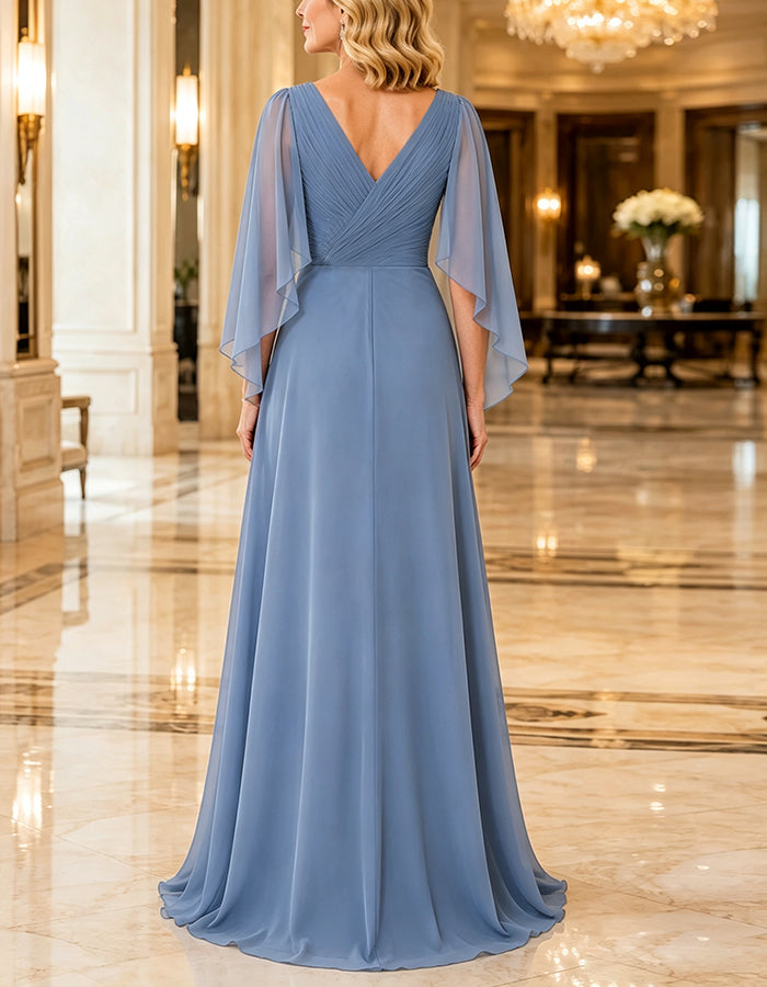 Gray Blue Chiffon V-Neck Cross Pleated Shawl Style Maxi Dress