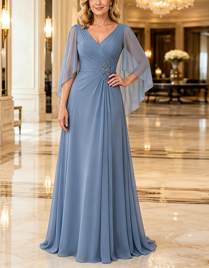 Gray Blue Chiffon V-Neck Cross Pleated Shawl Style Maxi Dress