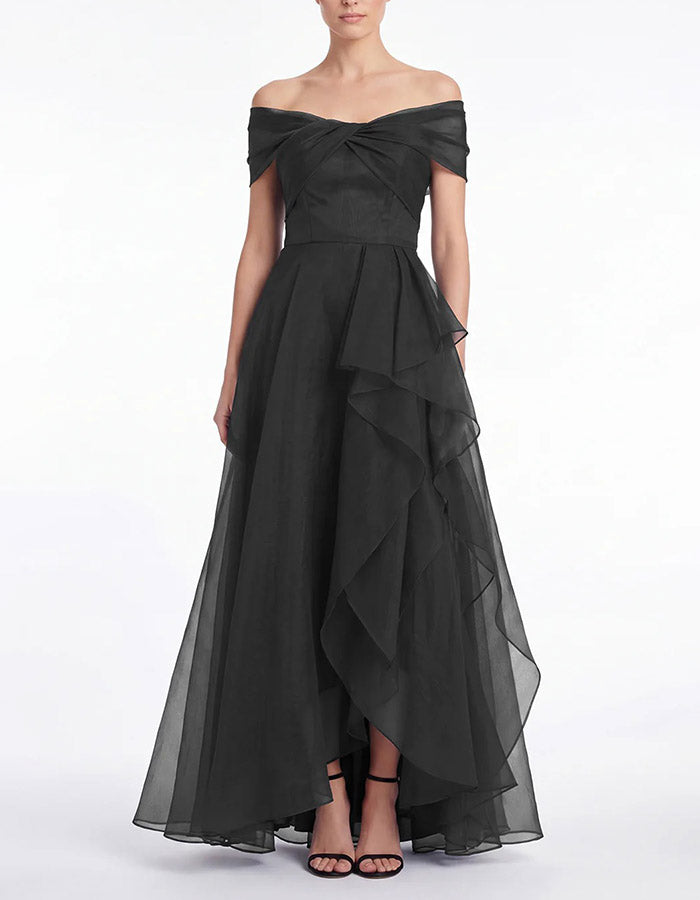 Navy Blue Off-the-Shoulder Ruffled Organza High-Low Maxi Dress