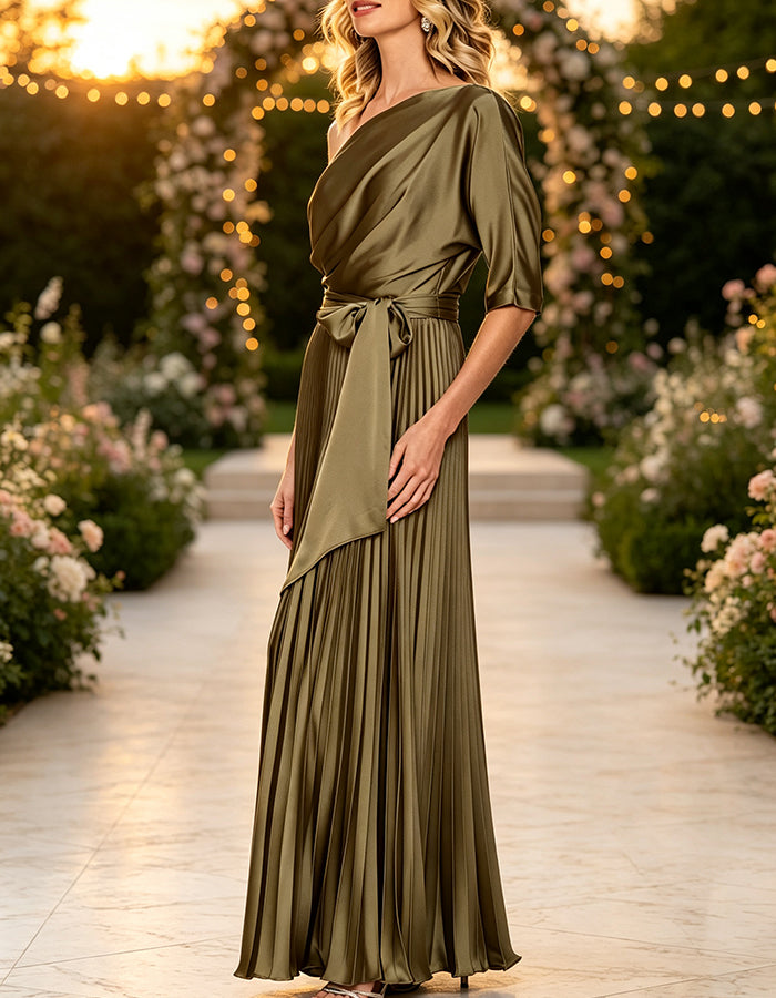 Olive Drab One Shoulder Draped Top Tie Satin Maxi Dress
