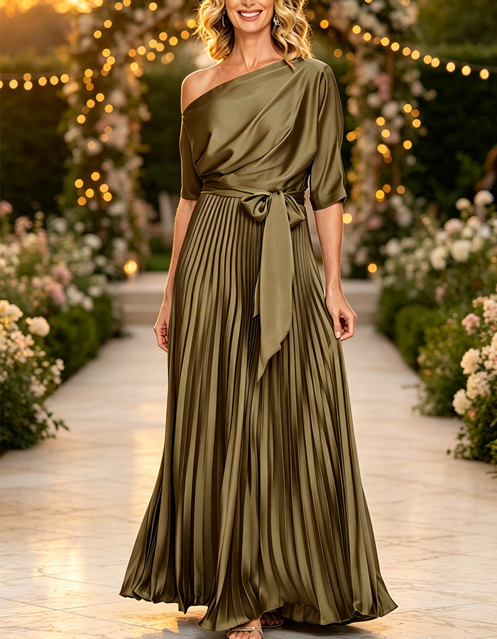 Olive Drab One Shoulder Draped Top Tie Satin Maxi Dress