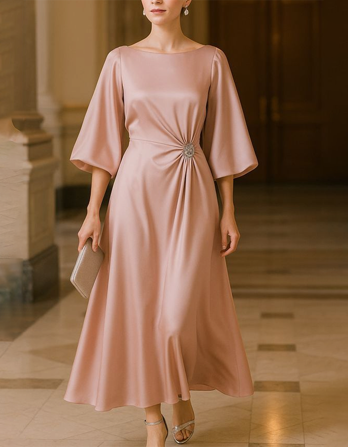 Pink Boat Neck Bell Sleeve Satin Midi Dress