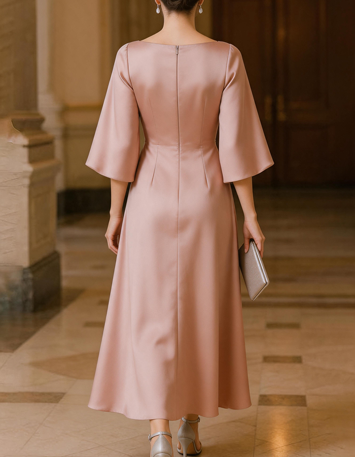 Pink Boat Neck Bell Sleeve Satin Midi Dress