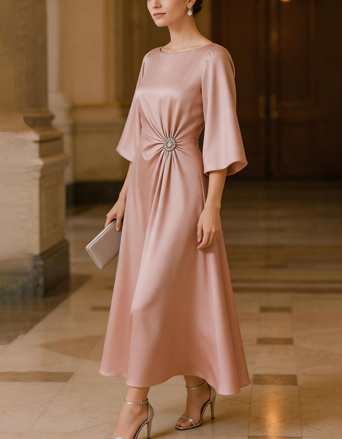 Pink Boat Neck Bell Sleeve Satin Midi Dress
