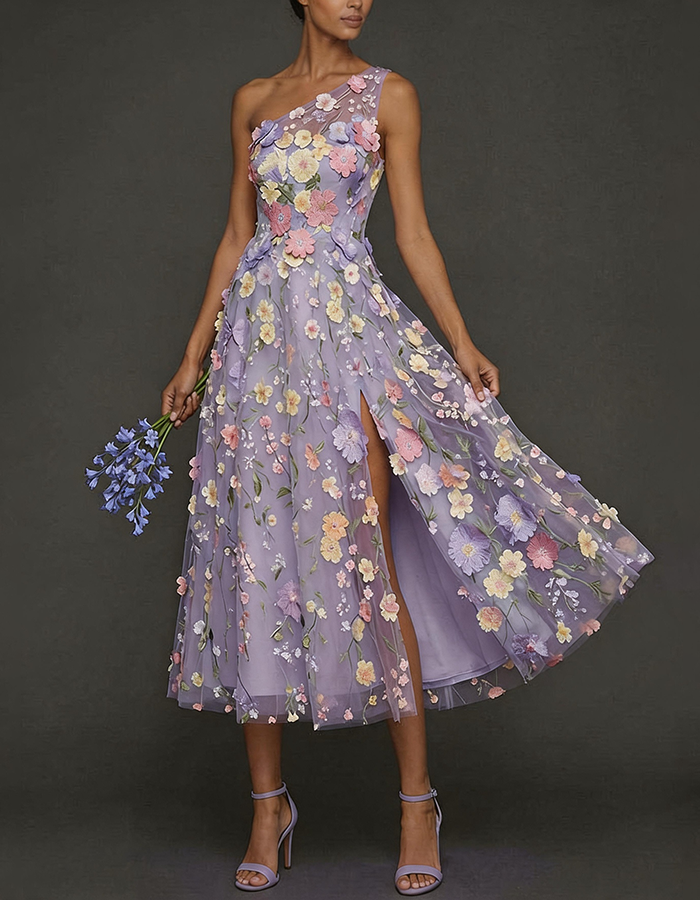Light Blue One-Shoulder 3D Floral Tulle Midi Dress