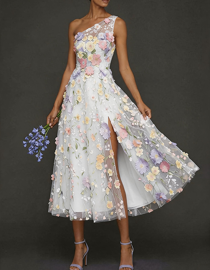 Light Blue One-Shoulder 3D Floral Tulle Midi Dress