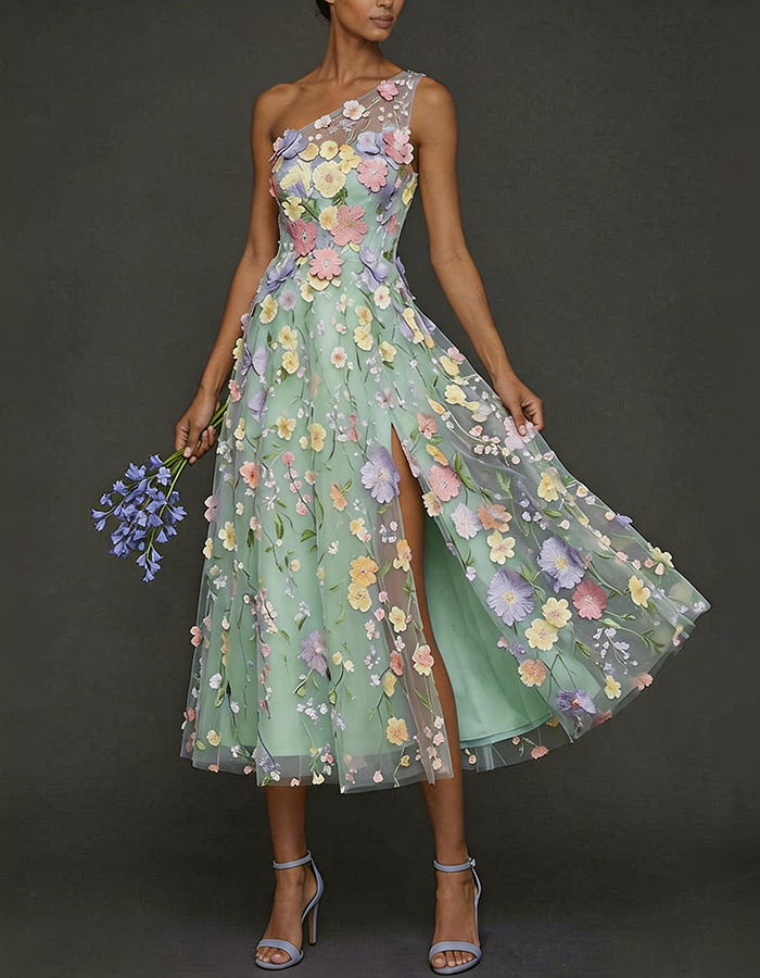 Light Blue One-Shoulder 3D Floral Tulle Midi Dress