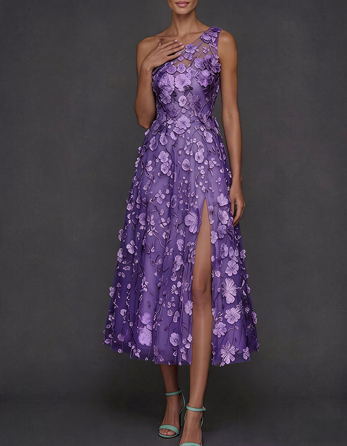 Light Blue One-Shoulder 3D Floral Tulle Midi Dress