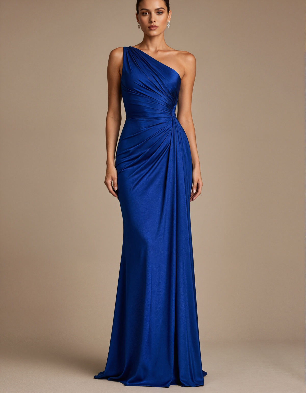 Blue Satin Single Shoulder Pleated Maxi Dress