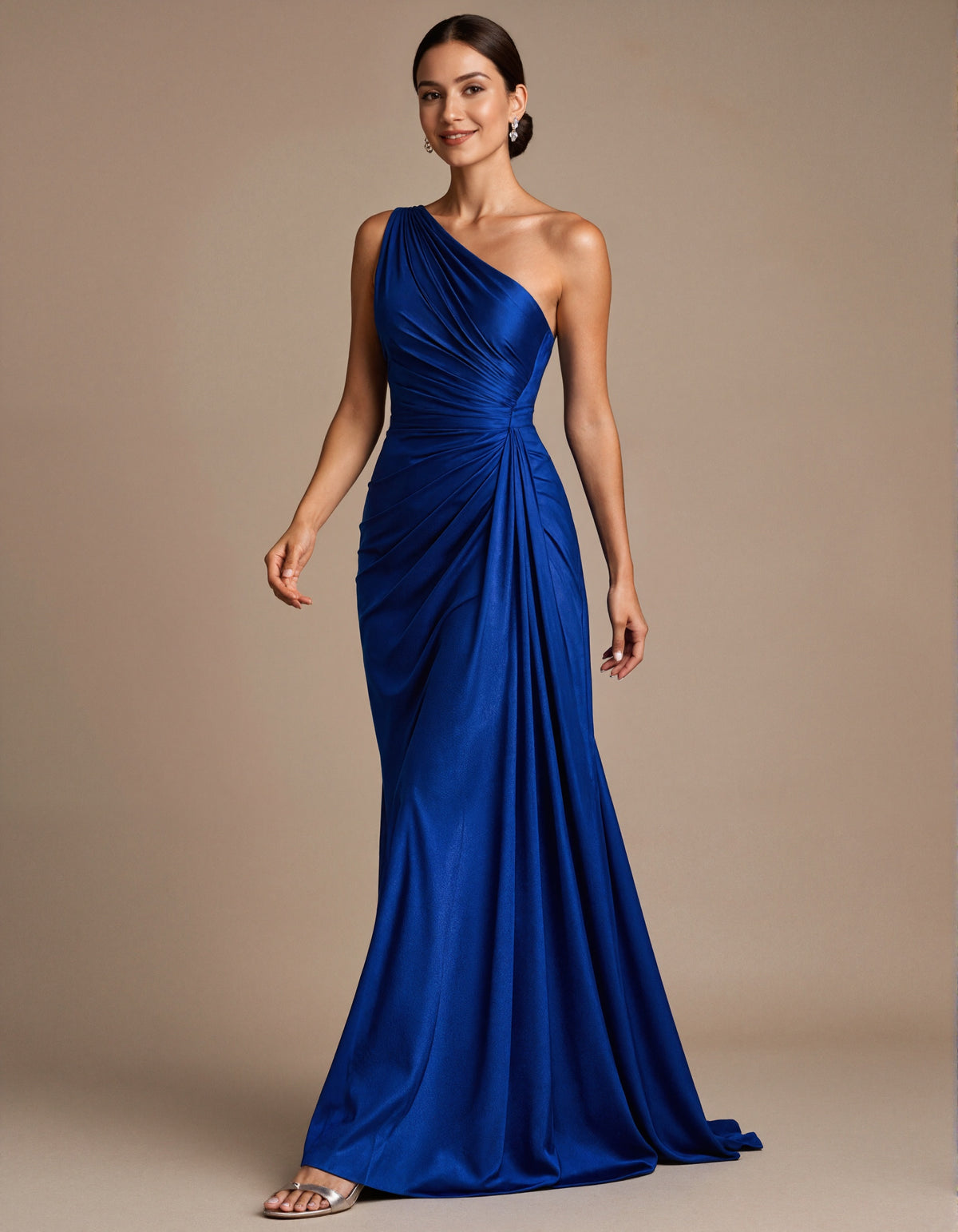 Blue Satin Single Shoulder Pleated Maxi Dress