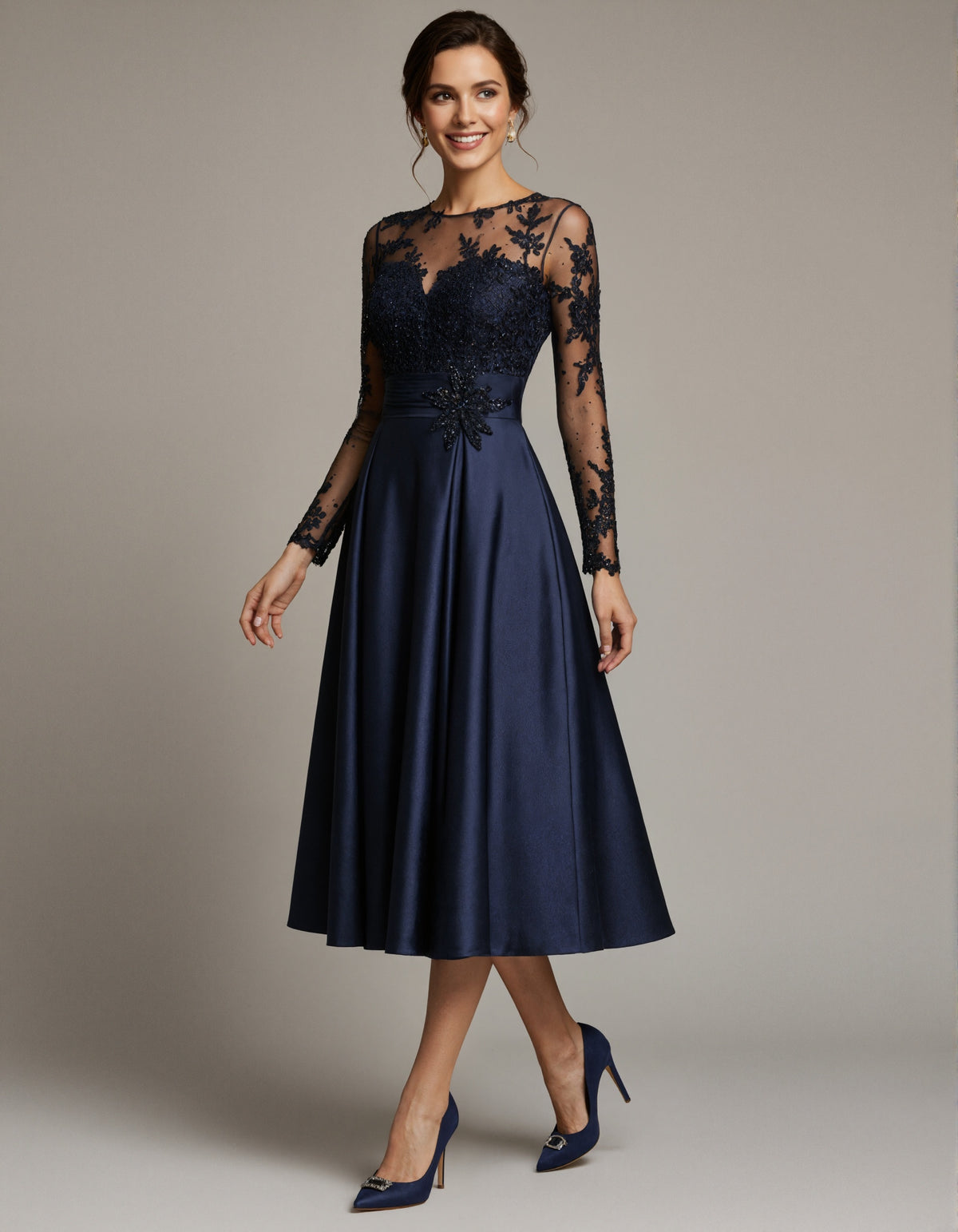 Dark Blue Satin Tulle Floral Lace Midi Dress
