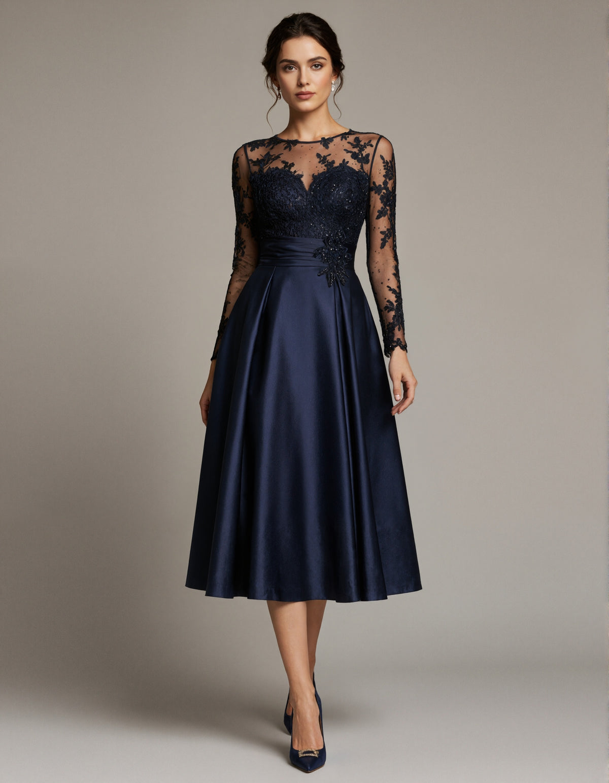 Dark Blue Satin Tulle Floral Lace Midi Dress
