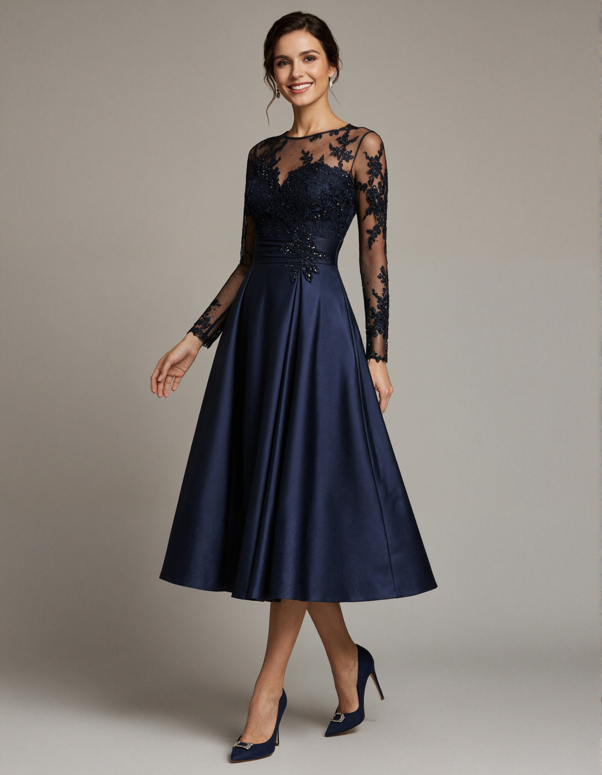 Dark Blue Satin Tulle Floral Lace Midi Dress