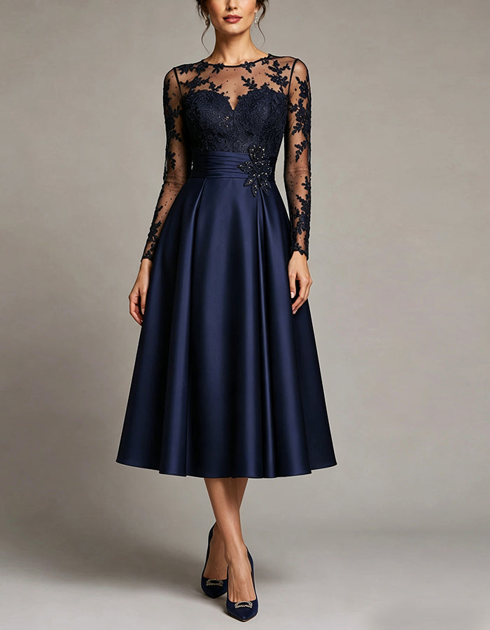 Dark Blue Satin Tulle Floral Lace Midi Dress
