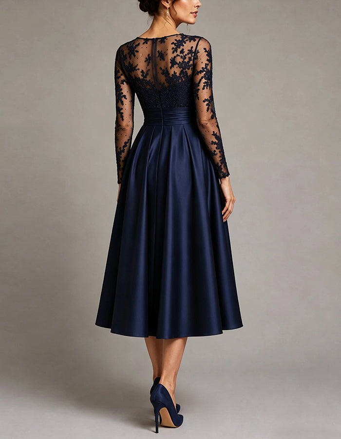 Dark Blue Satin Tulle Floral Lace Midi Dress