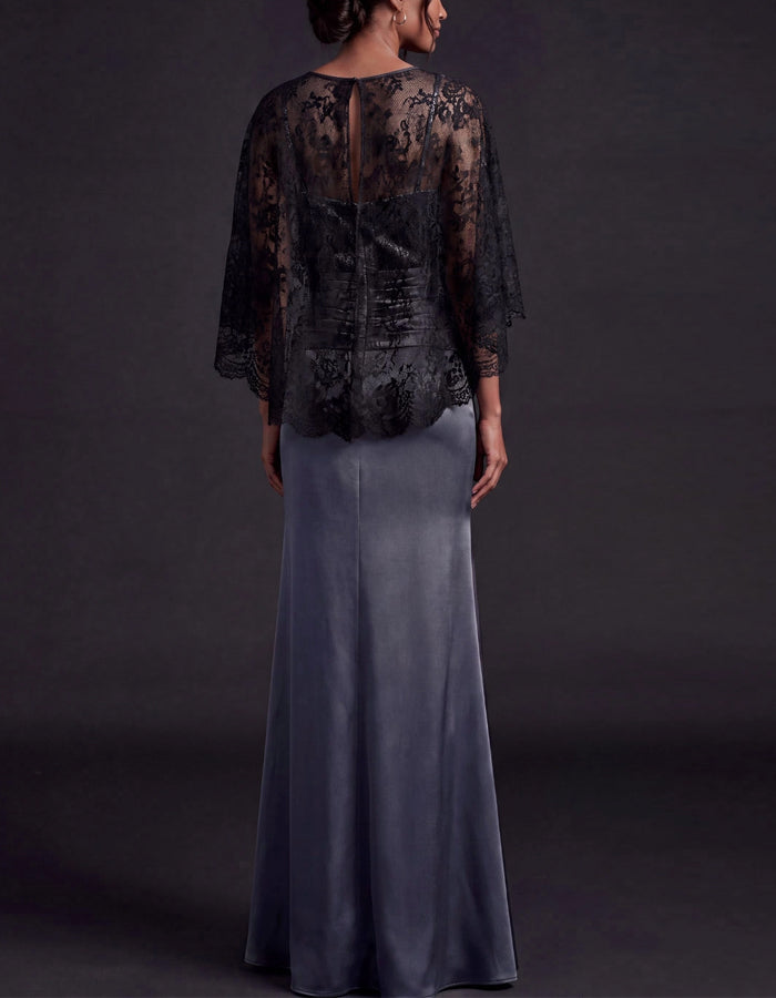 Grey Satin Black Floral Lace Shawl With Three Quarter Sleeves Maxi Dress