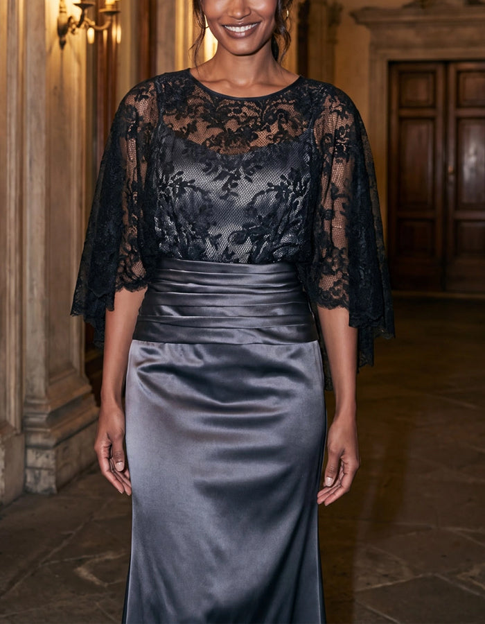 Grey Satin Black Floral Lace Shawl With Three Quarter Sleeves Maxi Dress