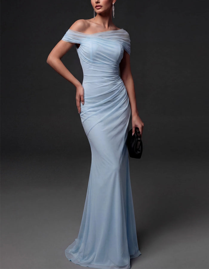 Solid Color Chiffon Asymmetrical Off Shoulder Maxi Dress