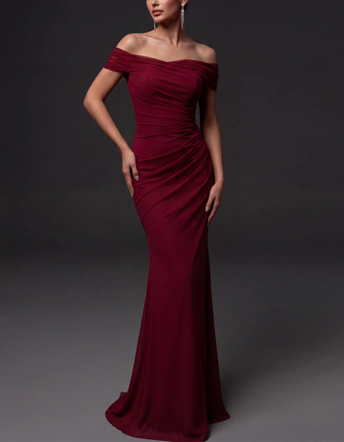 Solid Color Chiffon Asymmetrical Off Shoulder Maxi Dress