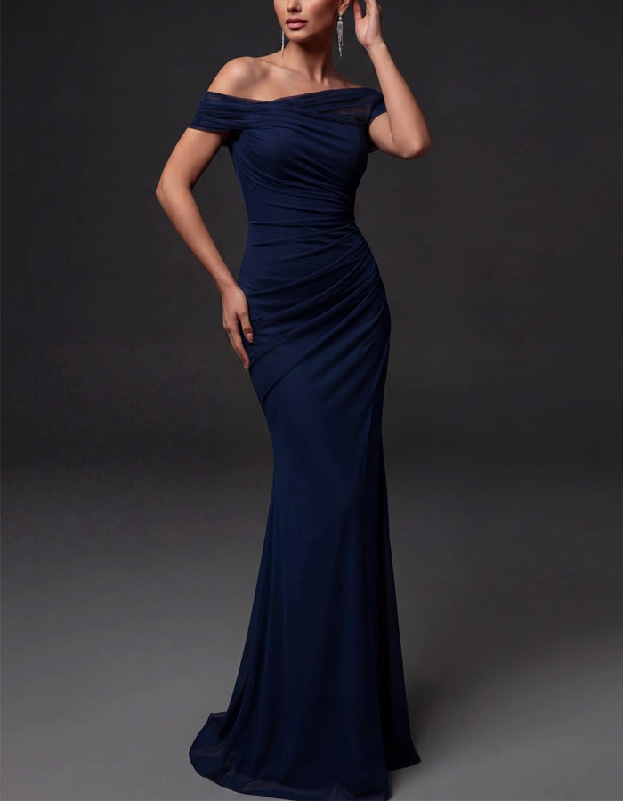 Solid Color Chiffon Asymmetrical Off Shoulder Maxi Dress