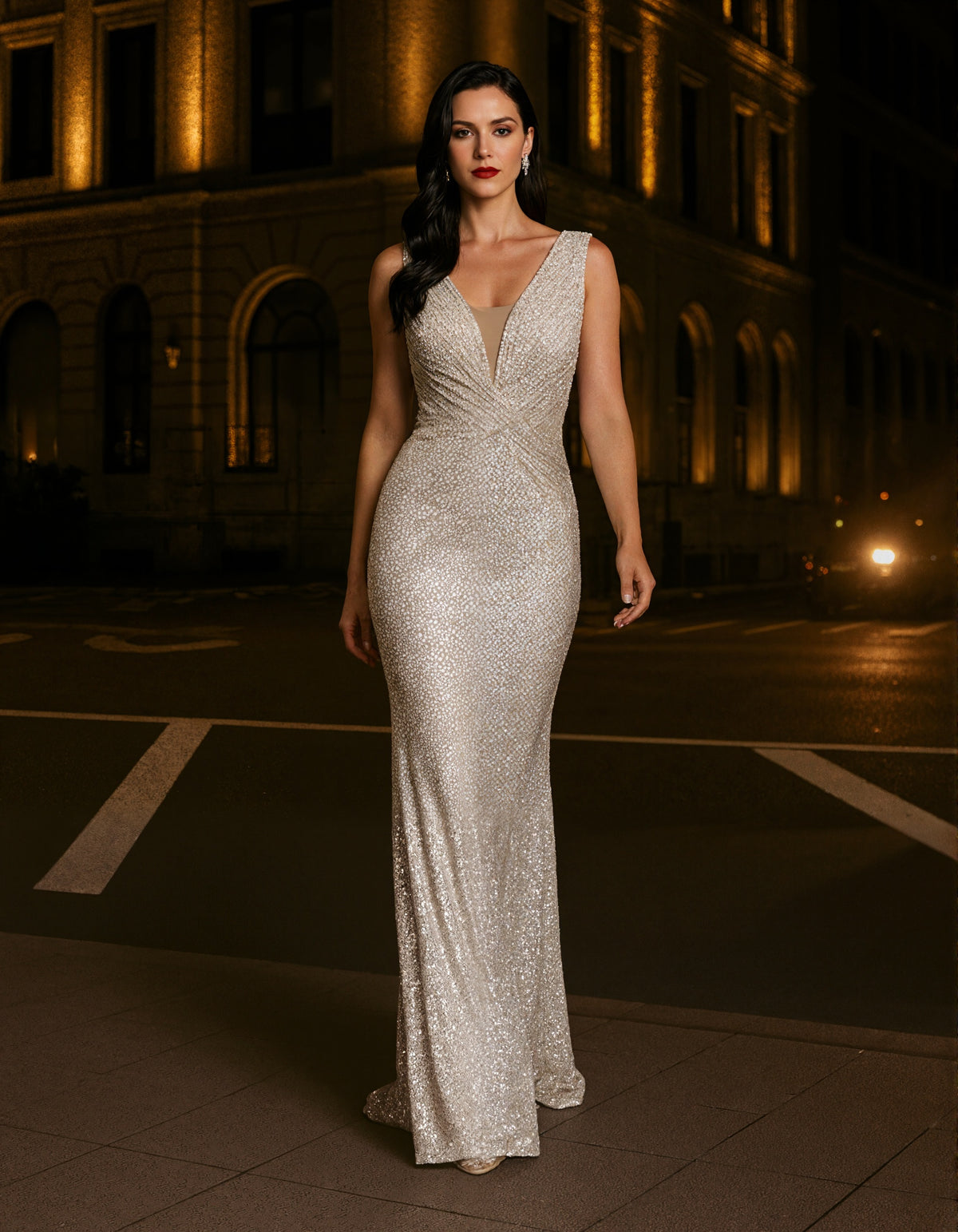 Champagne Colored V-Neck With Shimmering Sequins Maxi Dress