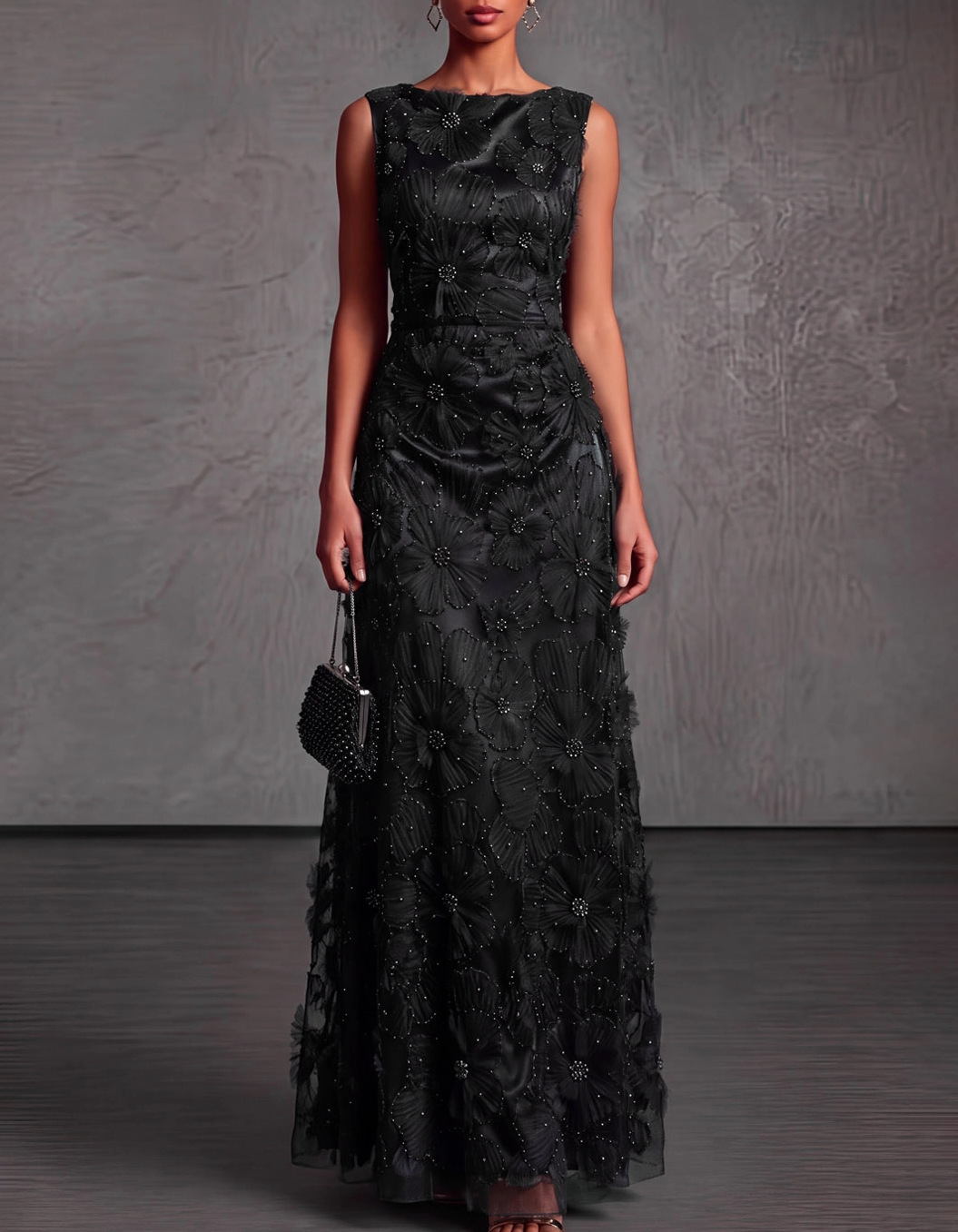 Satin Mesh 3D Floral Pearl Beaded Sleeveless Round Neck Formal Maxi Dress
