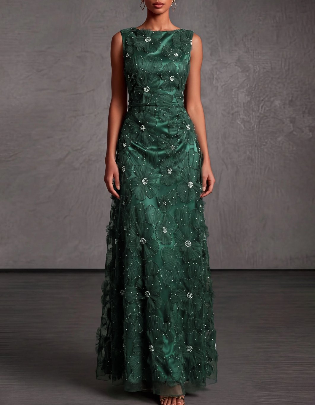 Satin Mesh 3D Floral Pearl Beaded Sleeveless Round Neck Formal Maxi Dress
