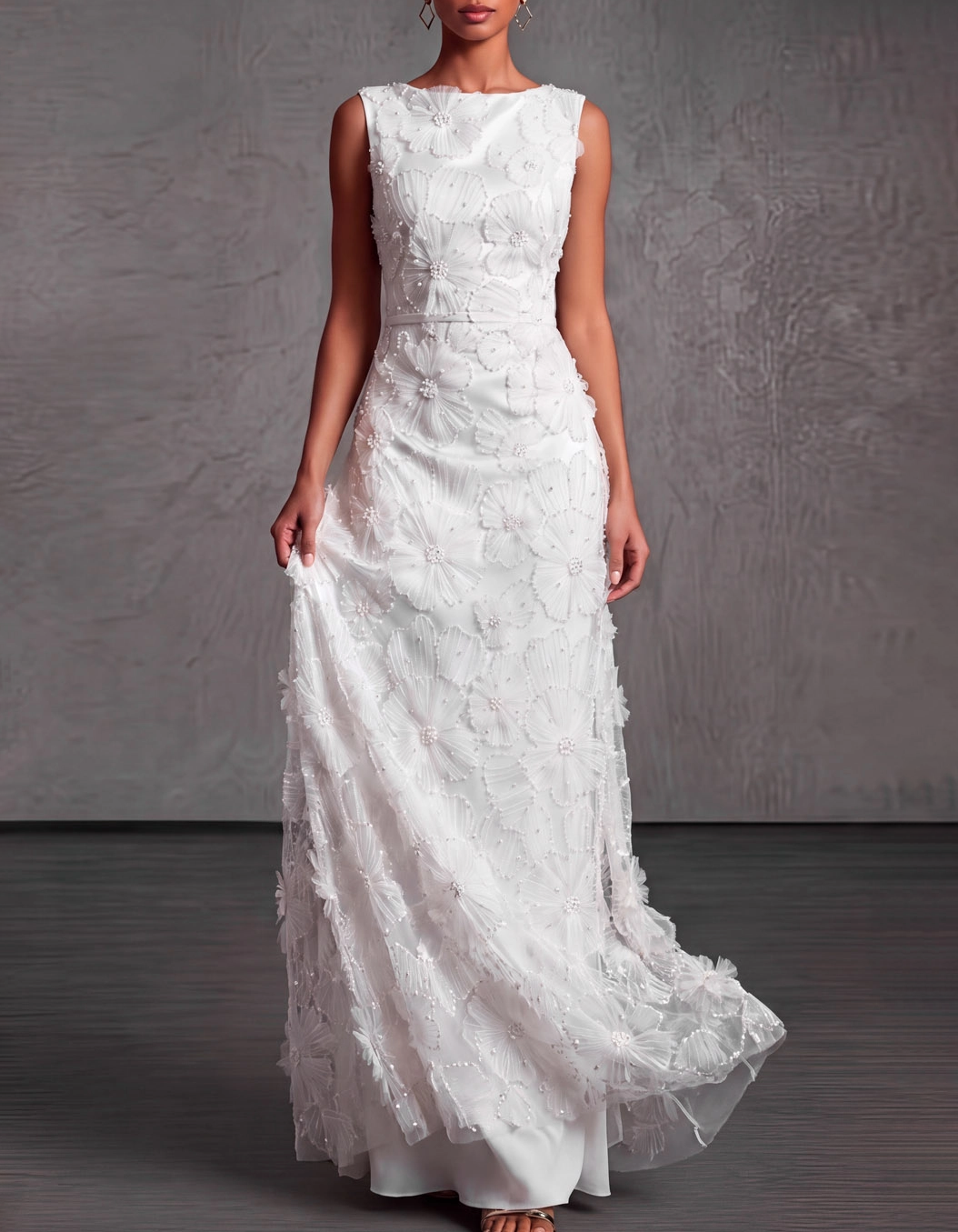 Satin Mesh 3D Floral Pearl Beaded Sleeveless Round Neck Formal Maxi Dress