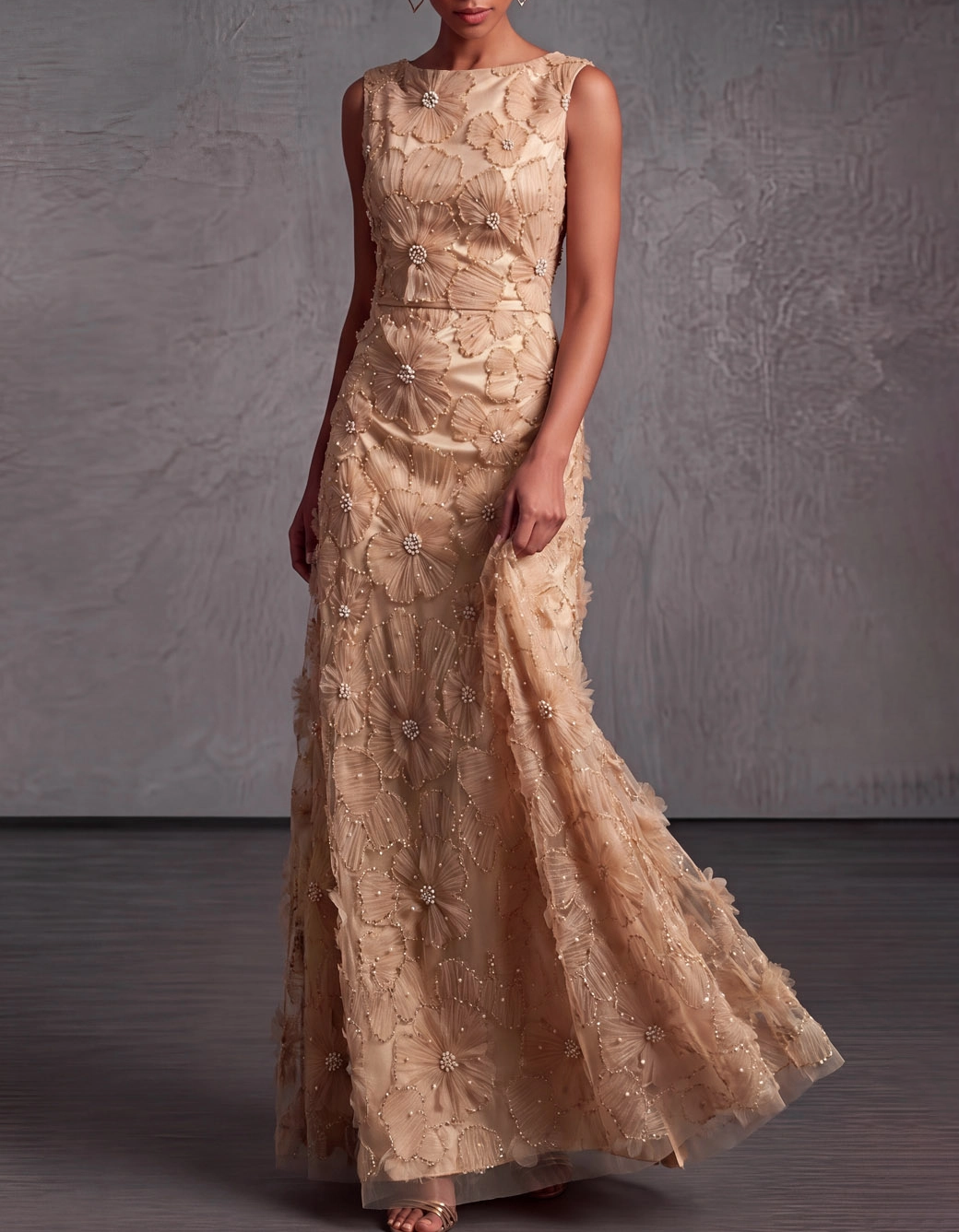 Satin Mesh 3D Floral Pearl Beaded Sleeveless Round Neck Formal Maxi Dress