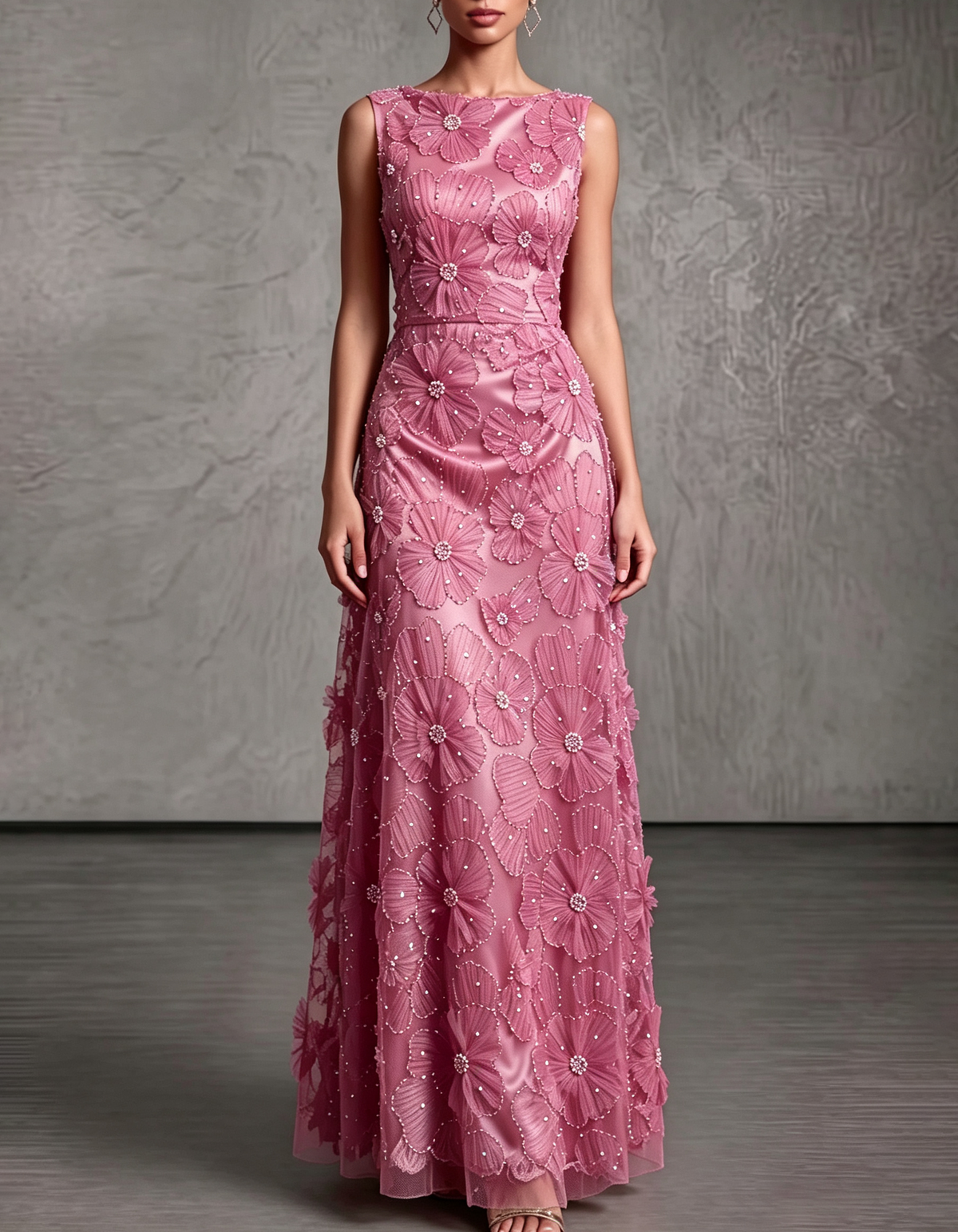 Satin Mesh 3D Floral Pearl Beaded Sleeveless Round Neck Formal Maxi Dress