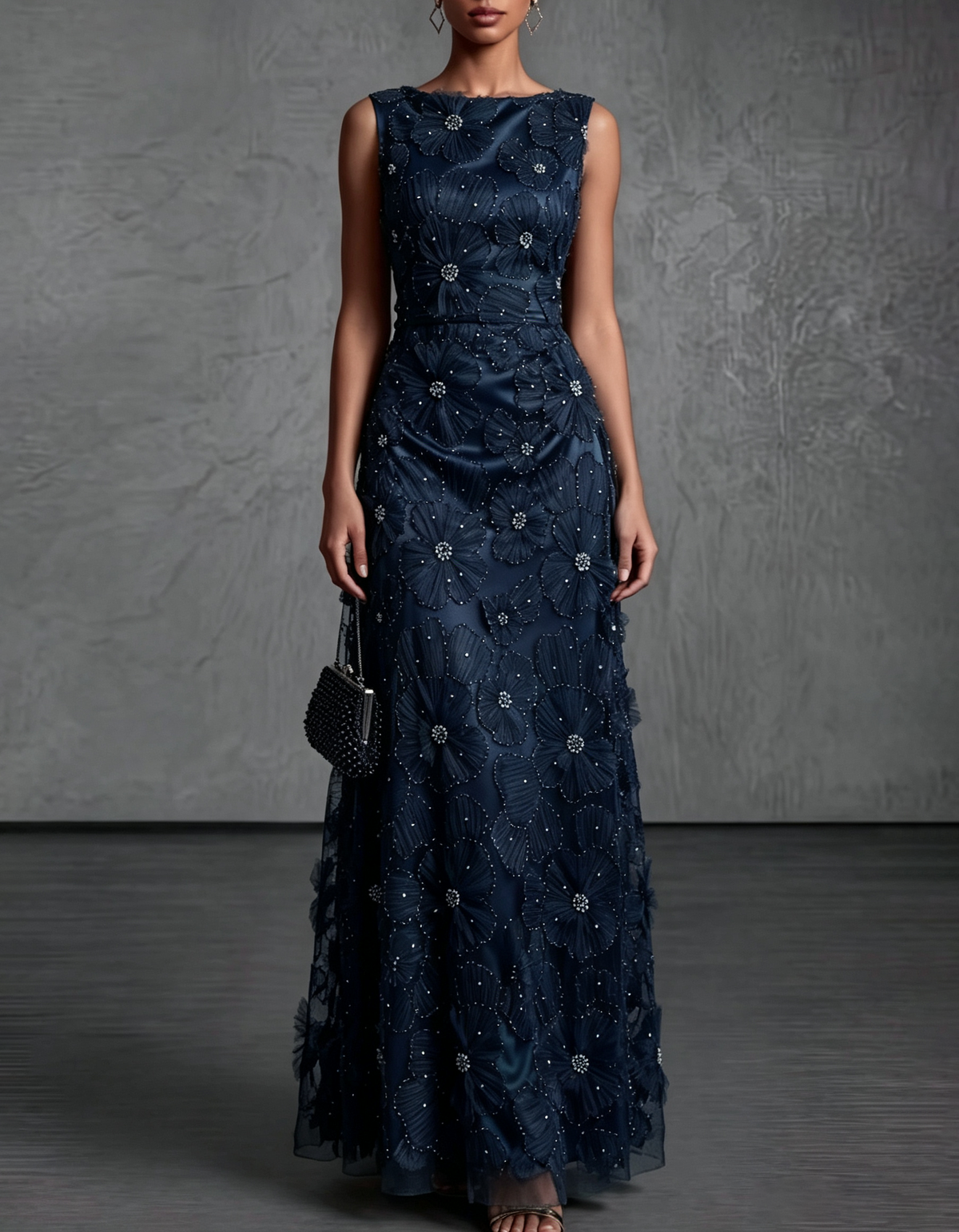 Satin Mesh 3D Floral Pearl Beaded Sleeveless Round Neck Formal Maxi Dress