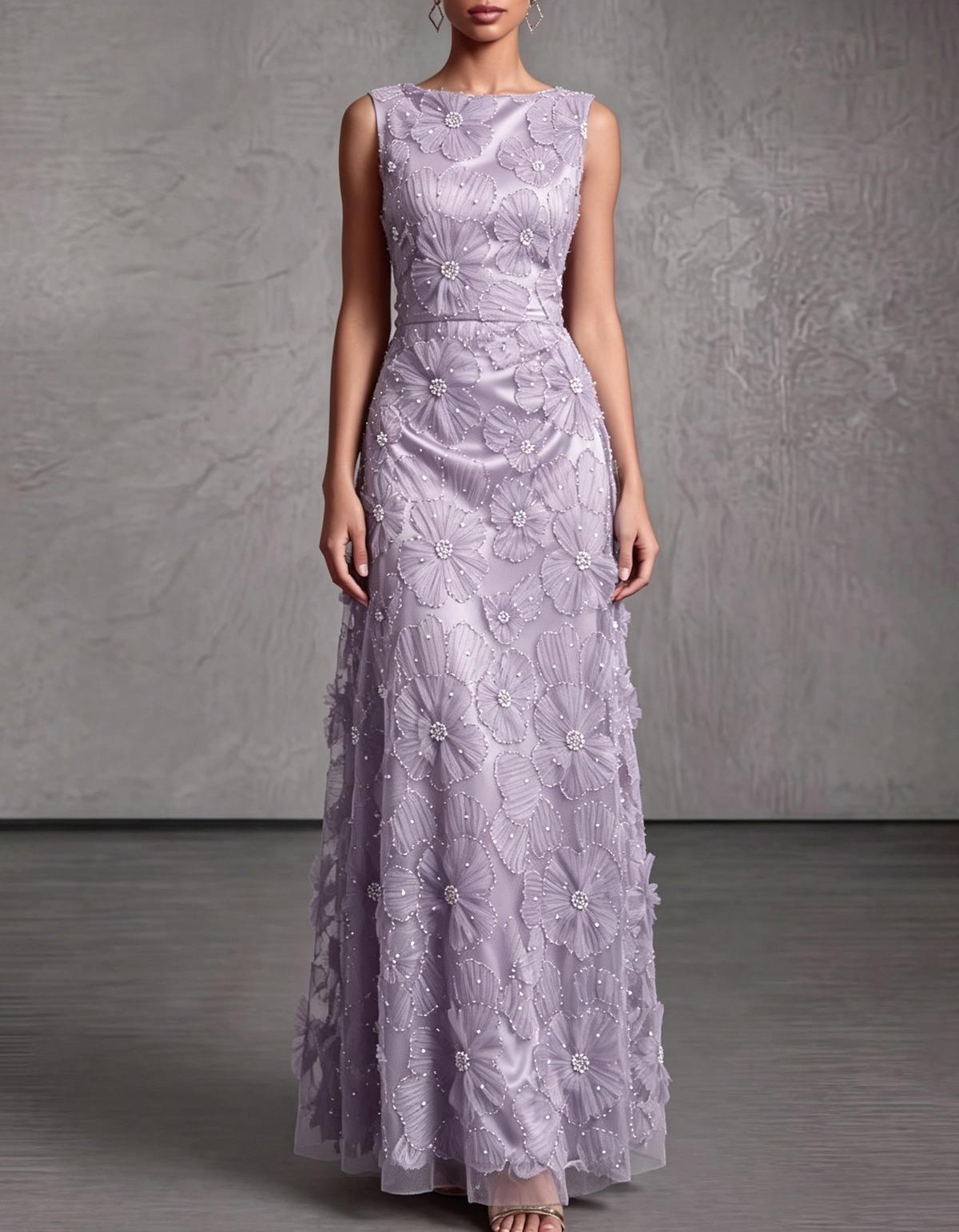 Satin Mesh 3D Floral Pearl Beaded Sleeveless Round Neck Formal Maxi Dress
