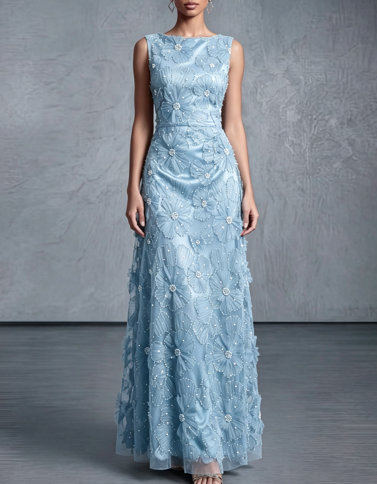Satin Mesh 3D Floral Pearl Beaded Sleeveless Round Neck Formal Maxi Dress