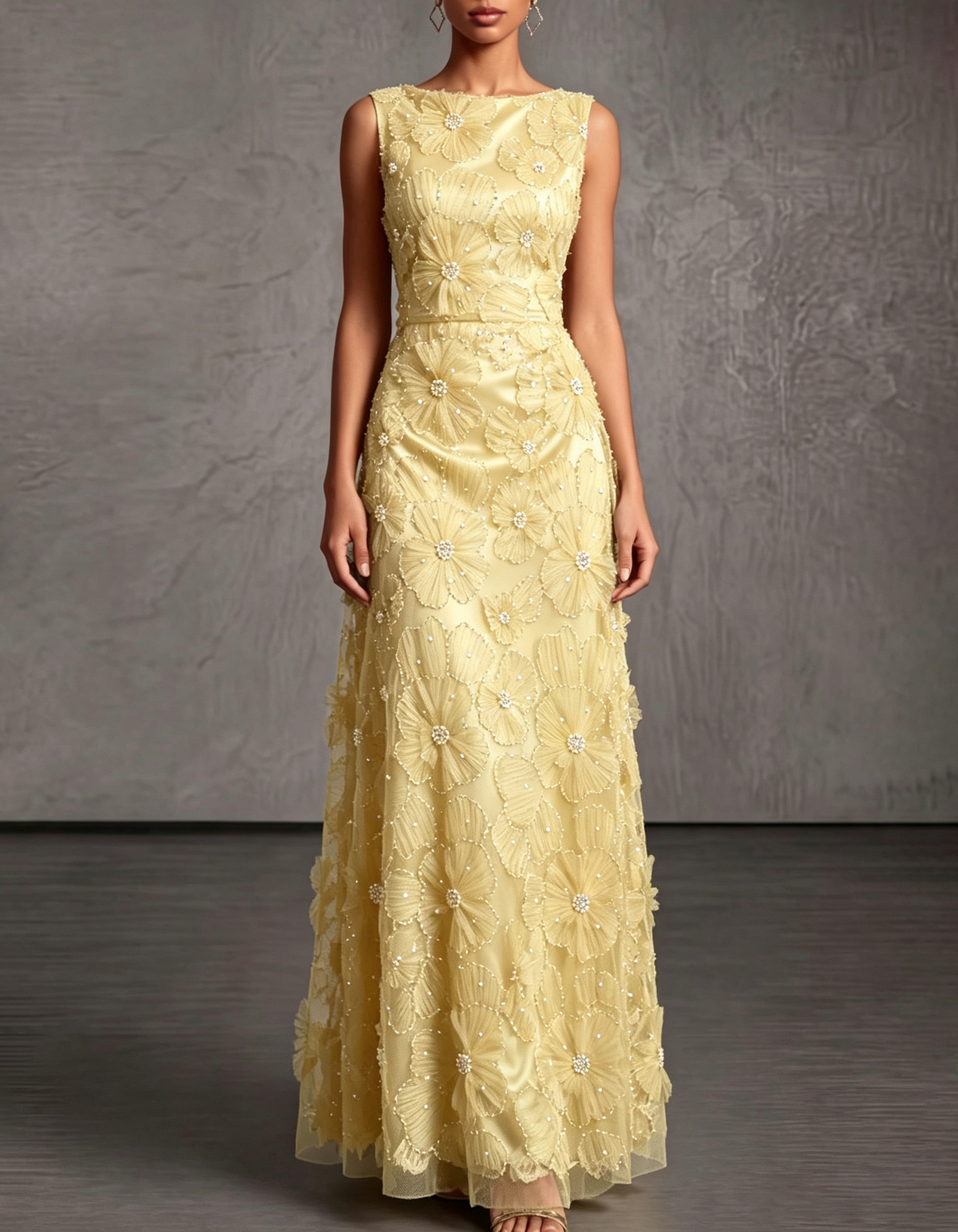 Satin Mesh 3D Floral Pearl Beaded Sleeveless Round Neck Formal Maxi Dress