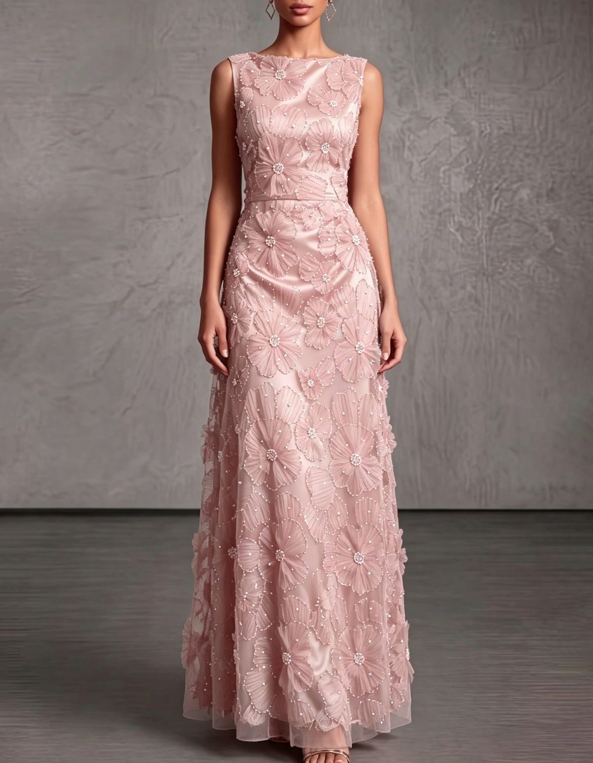 Satin Mesh 3D Floral Pearl Beaded Sleeveless Round Neck Formal Maxi Dress
