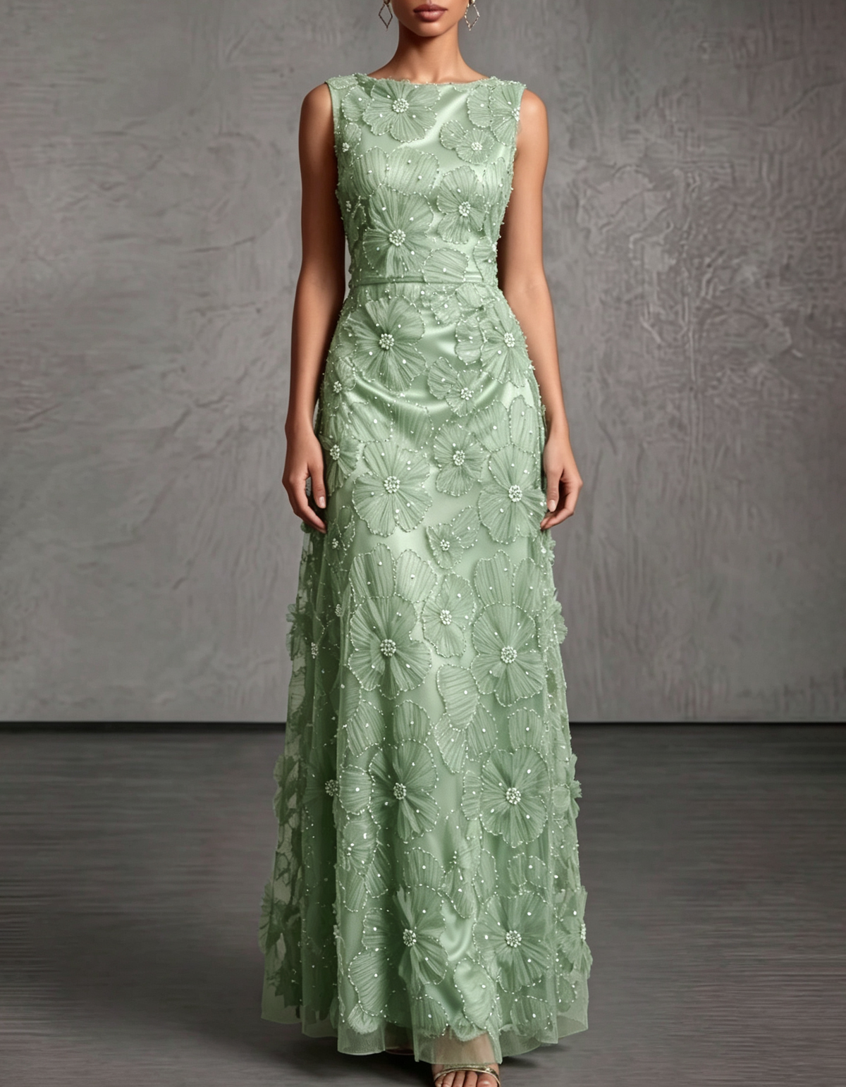 Satin Mesh 3D Floral Pearl Beaded Sleeveless Round Neck Formal Maxi Dress