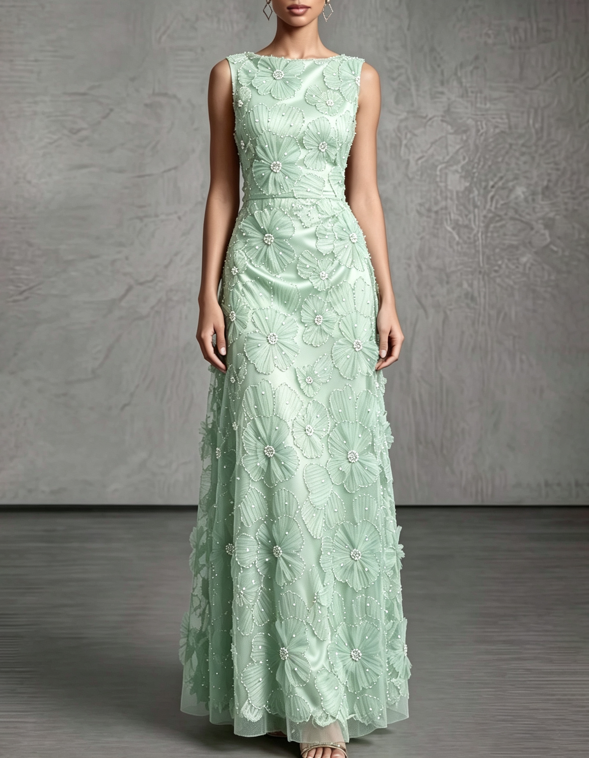 Satin Mesh 3D Floral Pearl Beaded Sleeveless Round Neck Formal Maxi Dress
