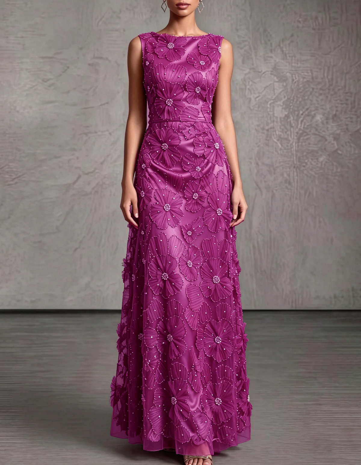 Satin Mesh 3D Floral Pearl Beaded Sleeveless Round Neck Formal Maxi Dress