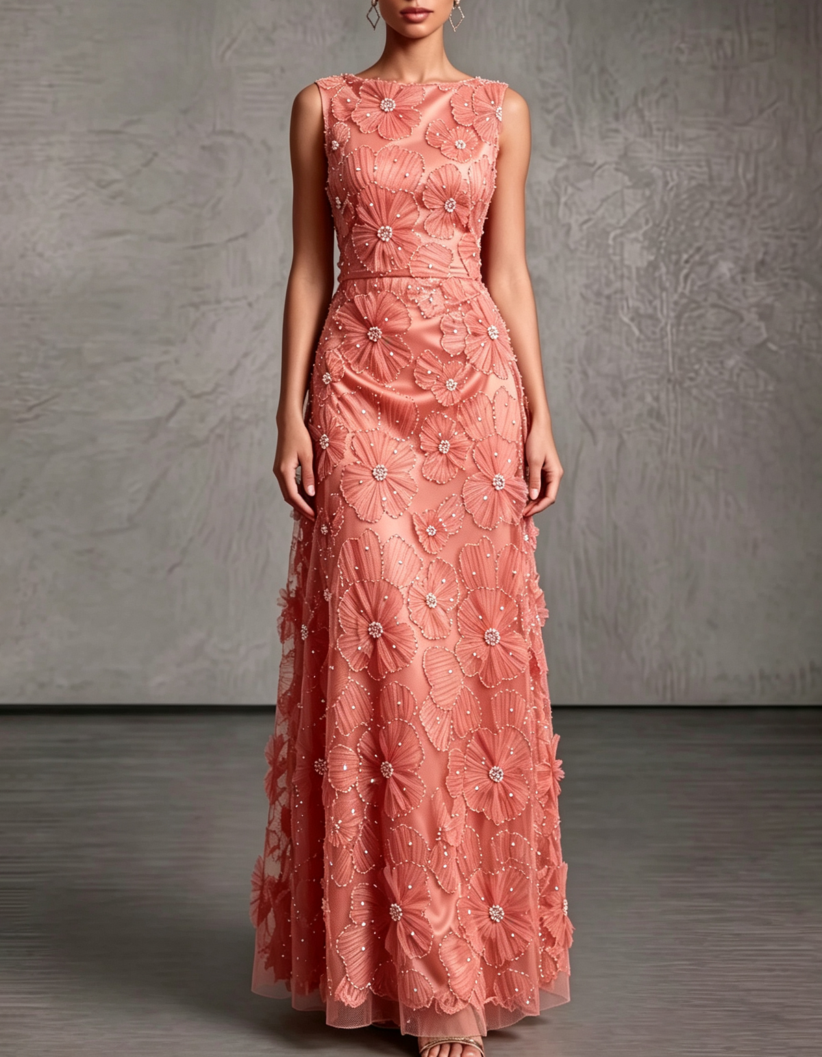 Satin Mesh 3D Floral Pearl Beaded Sleeveless Round Neck Formal Maxi Dress