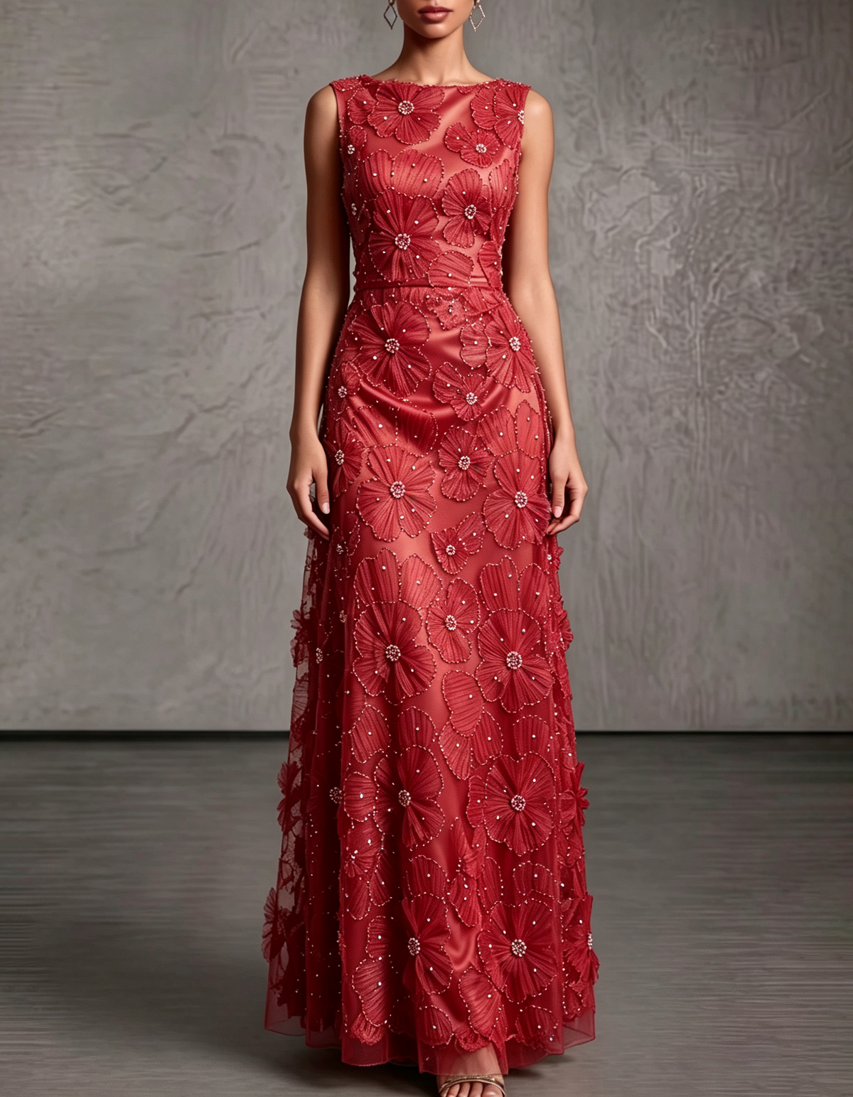 Satin Mesh 3D Floral Pearl Beaded Sleeveless Round Neck Formal Maxi Dress
